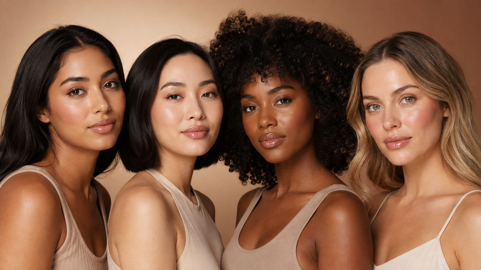Four models with varied skin tones wearing luminous, natural makeup